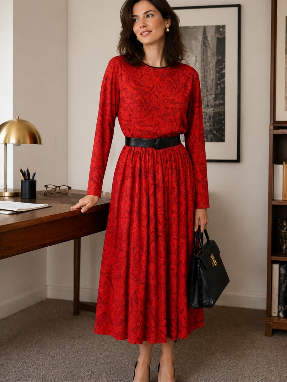 Vtg 90s long sleeve red print belted flowy chiffon cottagecore midi dress Sz 8